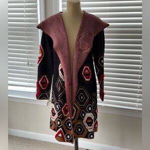 Tribal Patterned Hooded Cardigan - Black and Red